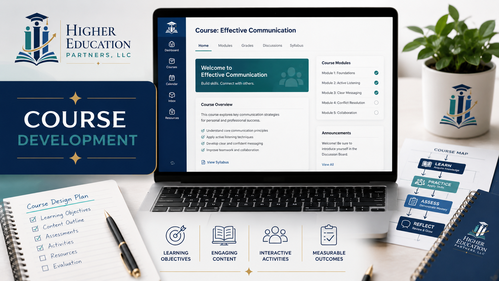 Course development workspace showing online course design and instructional planning materials