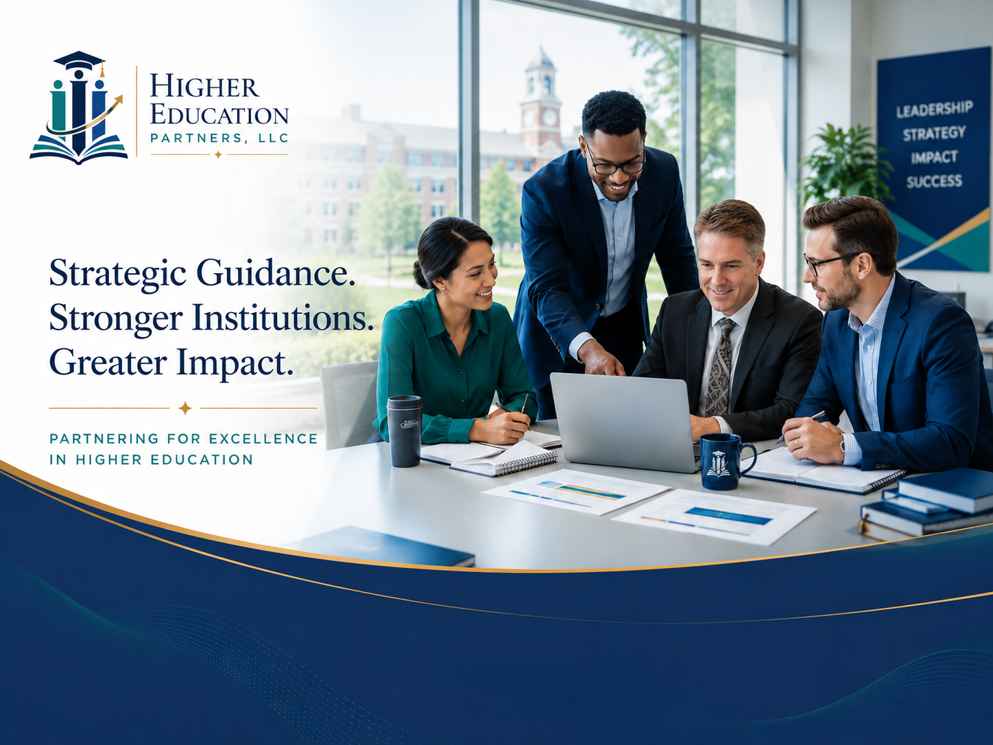Higher Education Partners consulting team reviewing strategy materials